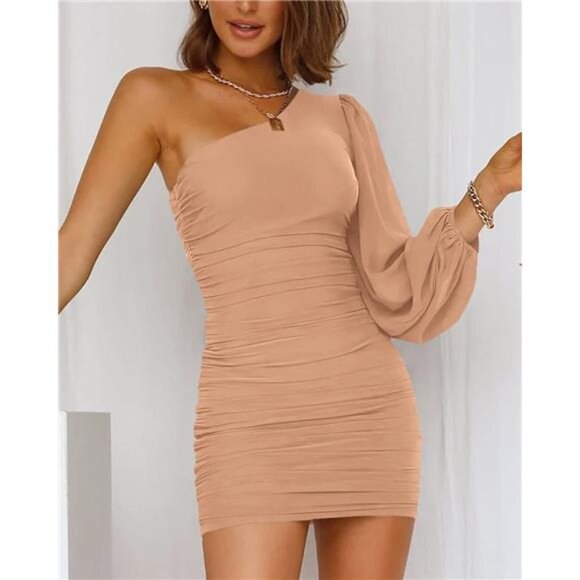 Women’s One-Shoulder Ruched Bodycon Mini Dress – Puff Long Sleeve Cocktail - Picture 3 of 7